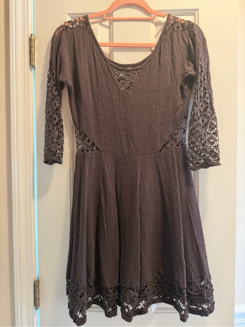 Free People Dark Brown Crochet-Trim Long Sleeve A-Line Dress
